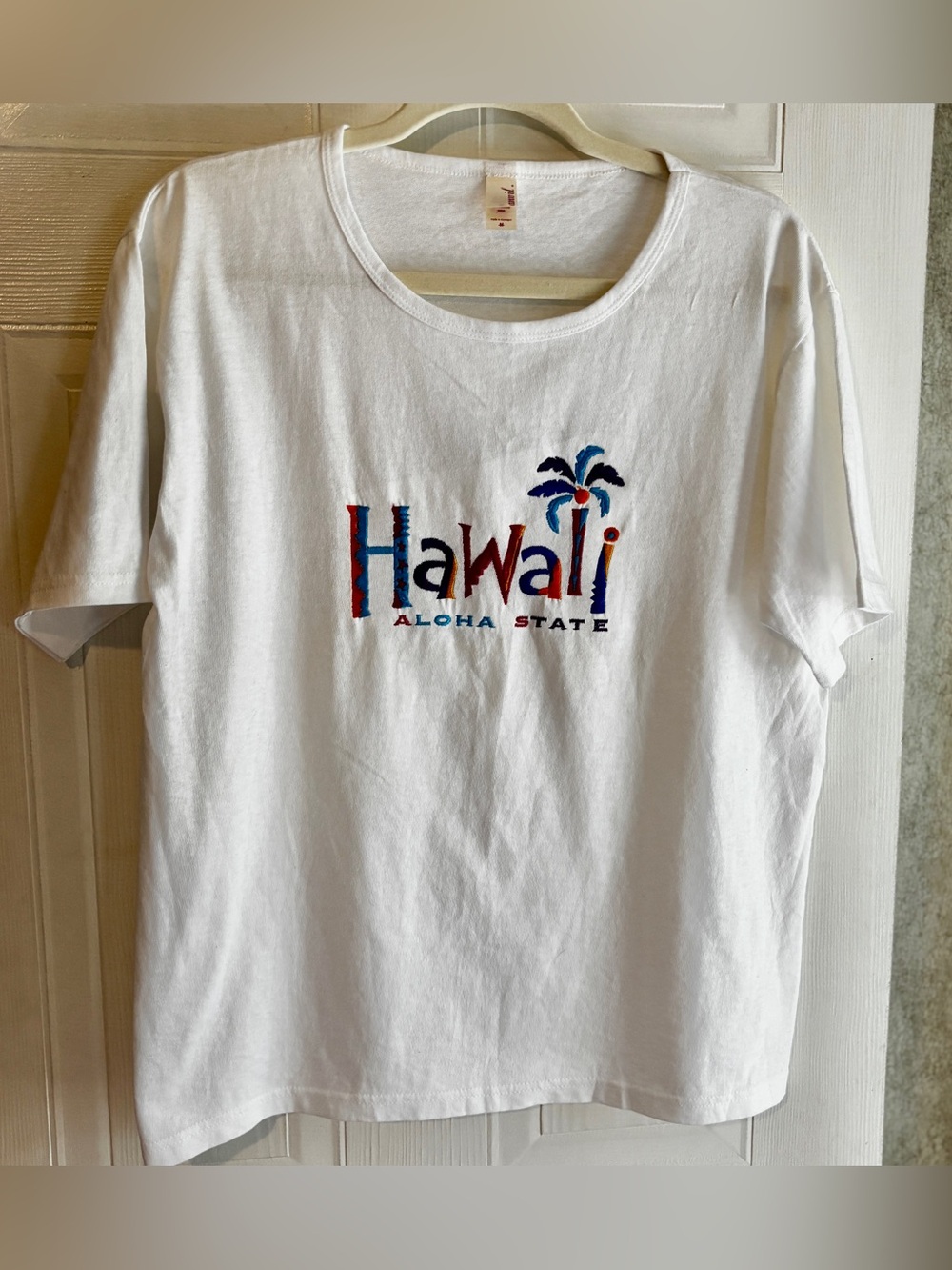 Anvil Y2K Hawaii Aloha State Embroidered T Shirt White Cotton M